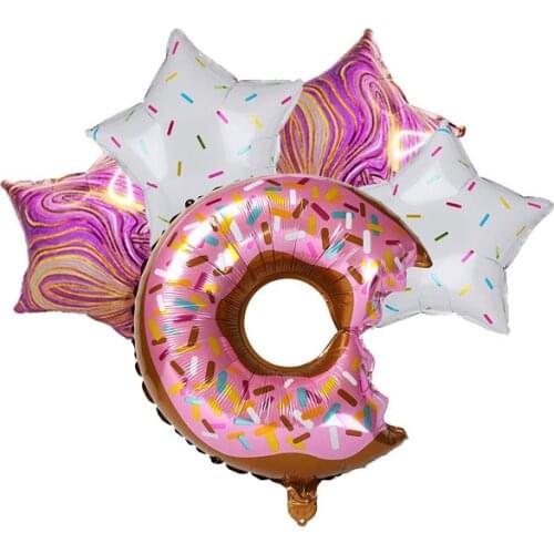 5 PCS Big Donut Foil Balloons Large Mylar Doughnut And Agate Star Balloon Giant for Birthday Party Decorations Supplies Baby