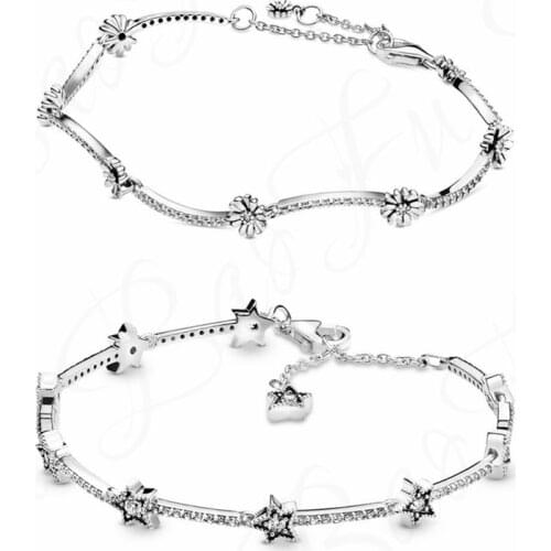 New Original 925 Sterling Silver Bracelet Daisy Flower Shiny Stars Suitable For Ladies Party Bracelet Lobster Clasp DIY Jewelry