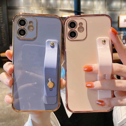For iPhone 12 Pro Max Wrist Strap Shockproof Bumper Electroplated Phone Case For iPhone 11 Pro Max 12 Mini XR XS Max X 7 8 Plus