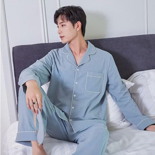 Pure cotton autumn sleepwear men pajamas sets 100% cotton pure color long-sleeve Pyjamas Men
