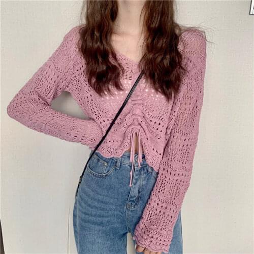Sexy Hollow Out Thin Knitwear Women V Neck Short Loose Jumper New Autumn Korean Style Drawstring Cropped Knitted Top Ladies 2021