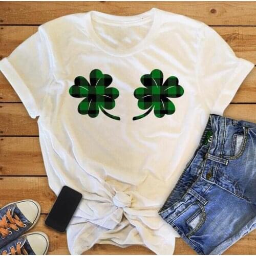 St Patricks day T-shirt Lucky Clover Shirts Green Plaid stripe shirt women fashion grunge aesthetic 100%cotton Tee Tops