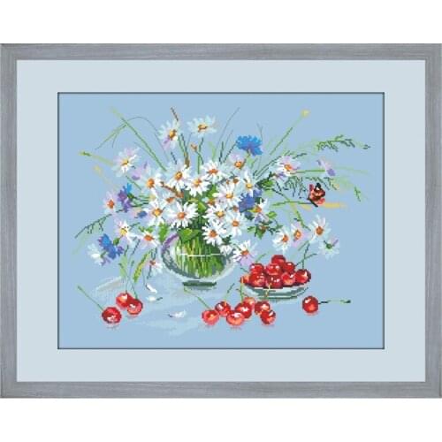 Daisies and cherries cross stitch sets aida fabric 14ct 11ct sky blue cotton silk thread embroidery kits DIY Folk Crafts