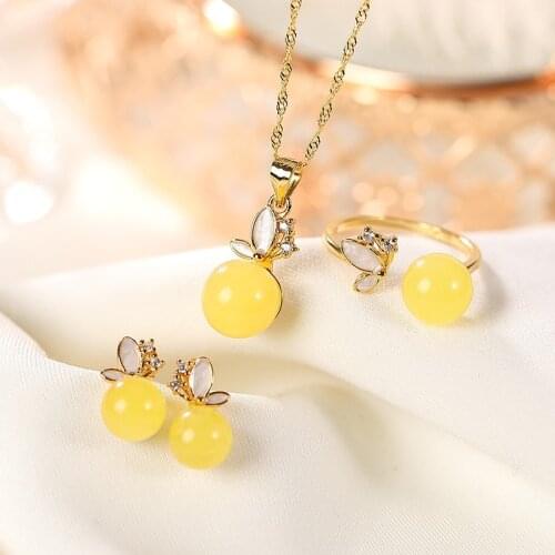 Natural 925 sterling silver gilt butterfly inlaid round beads amber temperament pendant ring earring ear studs sets jewelry