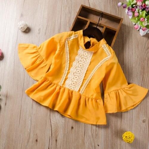 2019 Spring summer New Girl Shirts Fashion Yellow Color Baby Girls lace Blouses Cute Long Sleeve Ruffle Tops Kids Clothes