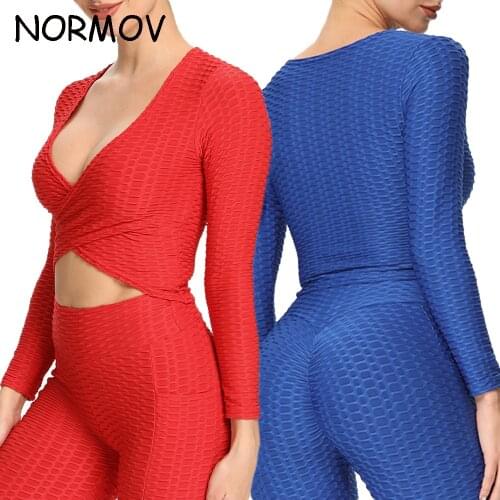 NORMOV New Sexy Sports Bra Plain Yoga Sport Long Sleeved Shirts Women Slim Fit Anti-Sweat Fitness Workout Gym Cropped Tops S-XL