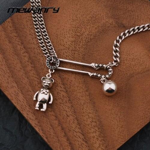 Mewanry 925 Sterling Silver Necklace for Women Trend Vintage Party Paperclip Bear Pendant Sweater Chain Jewelry Birthday Gifts