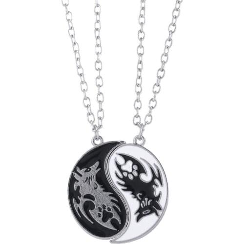 2 Pcs Black and White Zinc Alloy Yin Yang Wolf Metal Pendant Necklace Women Men Couple Friends Necklace Jewelry Accessories