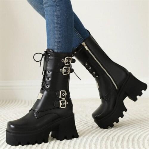 PXELENA Drop Ship Gothic Metal Decor Buckle Women Cosplay Punk Rock Motorcycle Biker Boots Chunky High Heel Platform Shoes 35-43