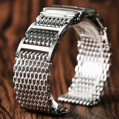 20mm 22mm 24mm Luxury Shark Mesh Watch Band Strap Stainless Steel Replacement Folding Clasp with Safety Silver+ 2 Spring Bars