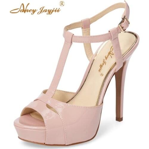 New Autumn 2021 Escarpins Sexy Pink Leather T-Strap High Heel Platform Sandals Shoes Women Evening Sapato De Noiva Nancyjayjii