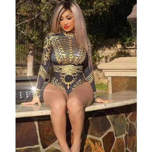 Sexy Military Uniform Rhinestone Party Bodysuit Women Long Sleeve Stretch Crystal Leotard Nightclub Costumes DJ Dancer Jumpsuit