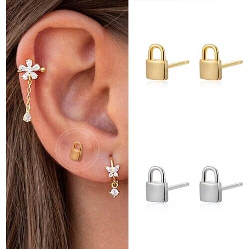 925 Silver Ear Needle Creativity Lock Type Stud Earrings for Women Metal Punk Gold Silver Color Earrings Personality Jewelry