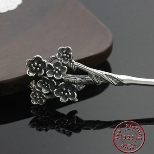 Amxiu Vintage Antique Silver Hair Sticks 925 Sterling Silver Jewelry Plum Blossom Hairpins Women Lady Gift Long Hair Accessories