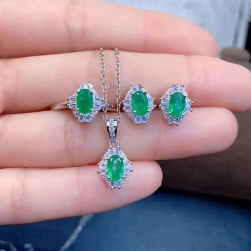 Anniversary Best Gift set Natural Real Emerald 925 sterling silver 1pc Emerald pendant,1pc Emerald ring,2pcs Emerald Earring