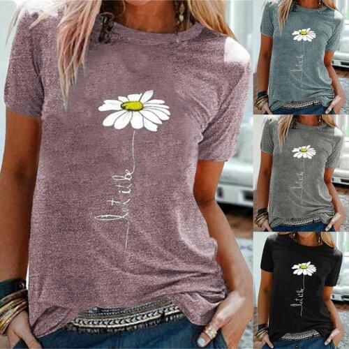 Women Casual Cotton Harajuku Tshirt O Neck Short Sleeve Letters Marguerite Print T-shirt Top