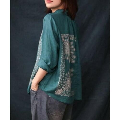 Ethnic Style Womens Flax Single-breasted Long Sleeve Tops Blouses Floral Loose D