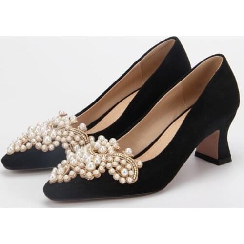 Womens Pointy Toe Beads Suede Leather Strange High Heel Pumps Low Top Shoes Black Kahki Plus Size New 2021