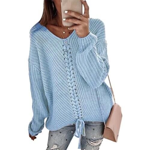 Ele-choices Autumn Winter Women Solid Color V Neck Bandage Long Sleeve Sweater Jumper Top