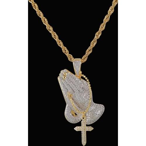 Prong Setting AAA+ CZ Stone Iced Out Bling Gold Cross Prayer Hand Pendants Necklace for Men Women Rapper Jewelry Drop Shipping