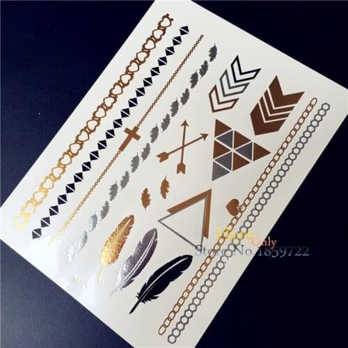 1PC Flash Tattoos Men Women Gold Silver Metallic Tatoo Arrow Feather Chain Cross Bracelet Waterproof Temporary Tattoo Stickers
