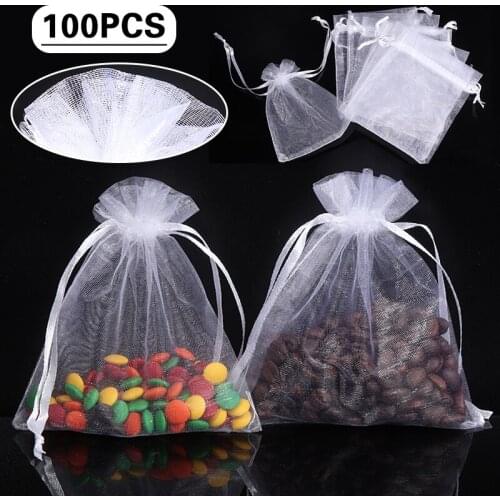 100pcs Small Jewelry Pendant Pouch Bag Drawstring Organza Storage Bag Pocket White Wedding Party Favor Candy Gift Jewelry Bag