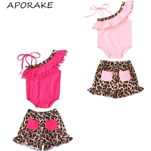 2021 0-12M Newborn Baby Girl Clothing Fashion New Tassels Ruffle One Shoulder Romper+Leopard Print Ruffle Shorts Summer 3pcs Set