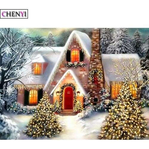 CHENYI 5D DIY Embroidery Diamond Painting Snow House Diamond Mosaic Full Square Christmas Tree Decoration Picture Of Rhinestones