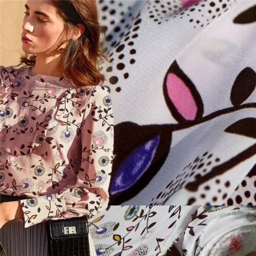 Printed floral&plants pure silk crepe de chine fabric,light purple color,sewing for shirt,blouse,dress,skirt,craft by the yard