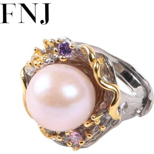 FNJ 13mm Natural Freshwater Pearl Ring 925 Silver Vintage Original S925 Sterling Silver Rings for Women Jewelry Adjustable size