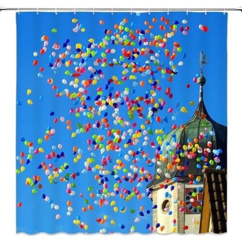Landscape Building Bathroom Shower Curtain Waterproof Polyester Bathroom Curtain Night View Hot Air Balloon Print Shower Curtain