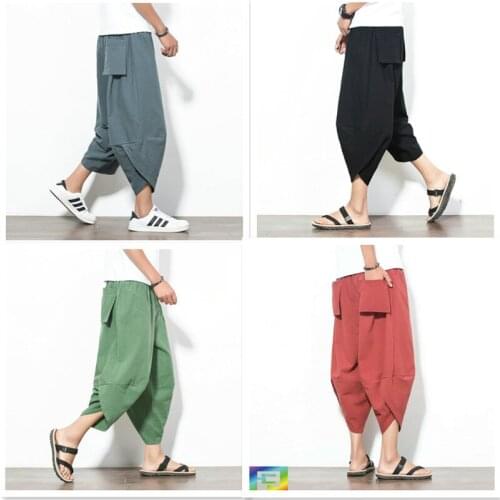 Summer Men Sweatpants Casual Baggy Linen India Harem Wide Leg Yoga Bloomers Capri Pant Male Running Joggger Fitness Workout Pant