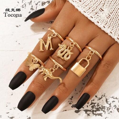 Tocona 5pcs/sets Boho Dinosaur Letter Butterfly Gold Ring Sets for Women Men Charms Lock Dragon Jewelry Gift кольца 18774