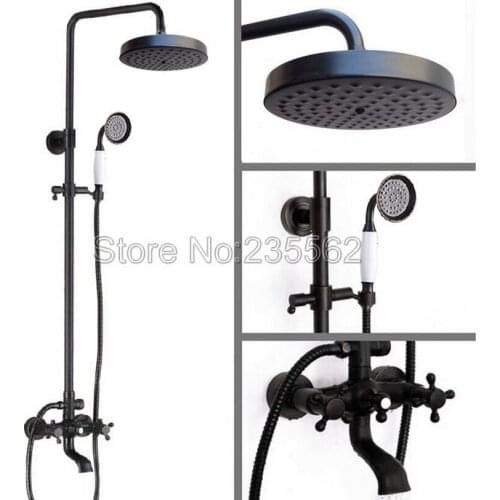 Bathroom Rain Shower Faucet Set Black Oil Rubbed Wall Mounted Dual Handle Bathtub Mixer Tap Brass Finish with Hand Shower lrs384