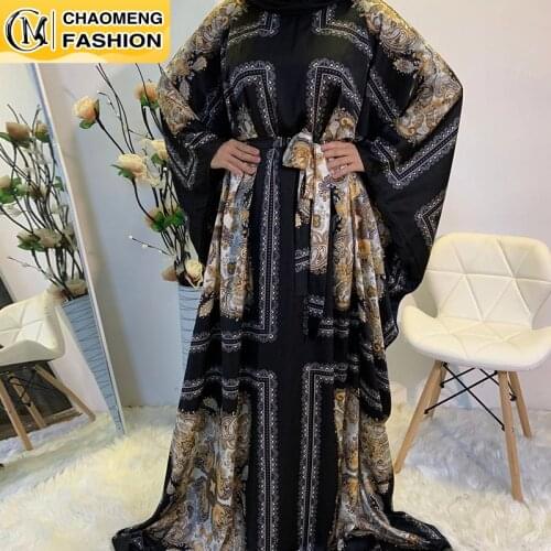 New Fashion Women Dress Abaya Robe Plus size batwing sleeved Fashion Flower Hand Block Printed Tie-Up Cotton Kaftan Dress