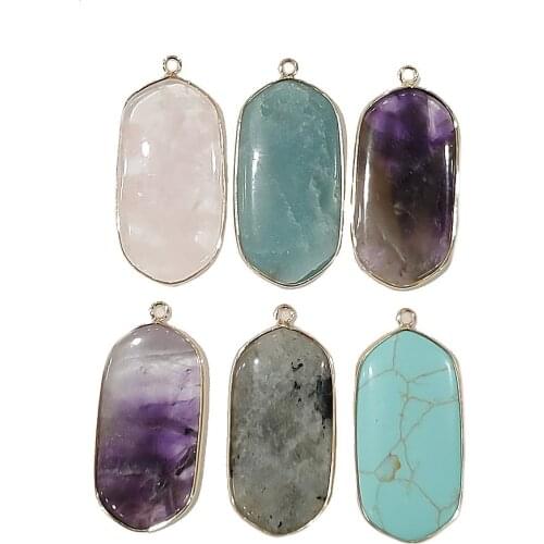 Natural Stone Pink Crystal Oval Pendant 22x45mm Amethyst Edging Pendant Handmade DIY Necklace Sweater Chain Jewelry Accessories