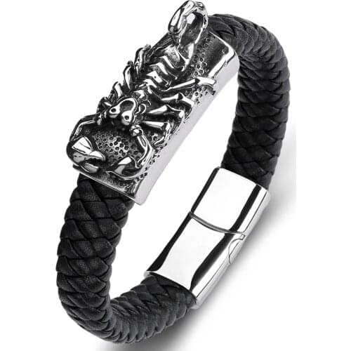 Hot Handmade Braided Leather Scorpions Bracelet Male Punk Rock Jewelry Stainless Steel Animal Bangles Fashion Men Wristband P131