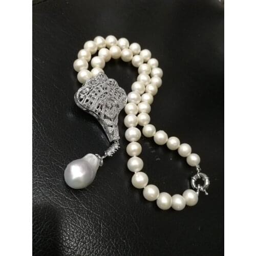 Freshwater pearl white nea round and reborn keshi necklace 18inch FPPJ wholesale beads nature red and green flower clasp