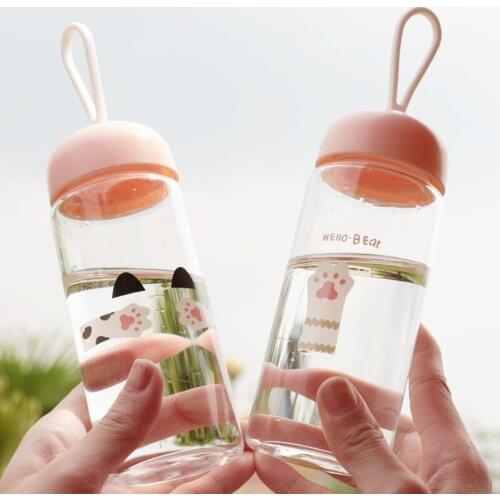 Water bottle simple transparent cute cat paw pattern water cup creative fun glass outdoor sports student girl drinking water