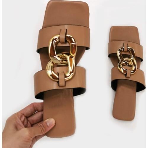 Fashion Women Sandals Summer Beach Slides Sqaure Toe Ladies Summer Outside Shoes Leather Flat Solid Metal Buckle Female Slippers