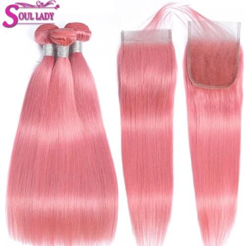 Soul Lady Hair Pink Bundles With Closure Remy 100% Human Hair Bundles Brazilian Dyed Pink Hair Straight Bundles With Closure