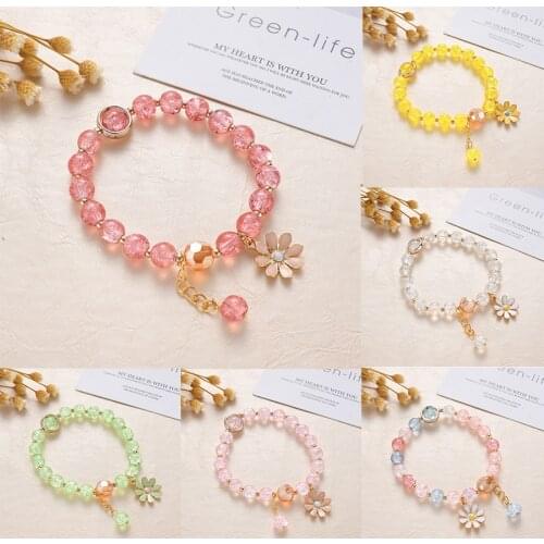 Gorgeous Daisy Pendant Colored Glass Crystal Beads Adjustable Elastic Rope Chain Bracelet For Women Charm Jewelry Gift