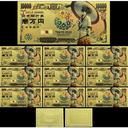 Japan Gold Banknote Tokyo World Flags Comics Cartoon Card 10pcs Japan Souvenir Anime Gold Plastic Cards for Collection
