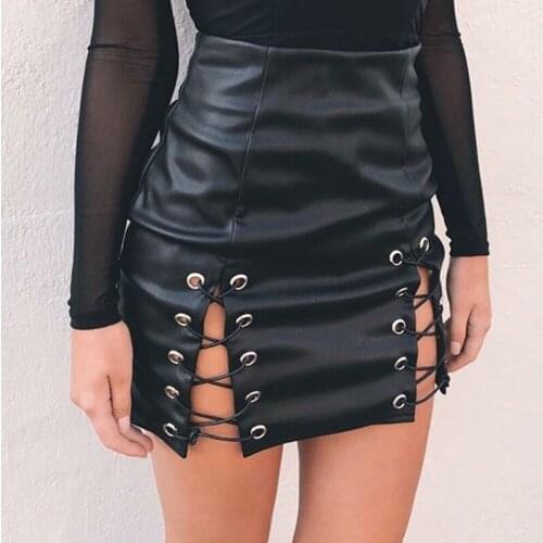 PU Faux Leather Pencil Skirt 2019 Summer High Waist Black Split Mini Skirt Short Club Saia Sexy Lace Up Bodycon Skirts