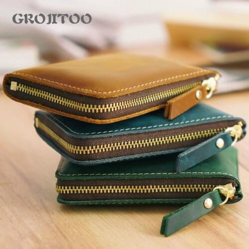 GROJITOO Card Bag For Women Handmade Genuine Leather Short Crazy Horse Leather Zipper Wallet Top Layer Cowhide Wallet For Men
