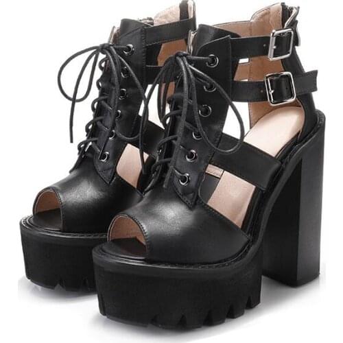 Super high quality woman real leather open toe high platform chunky high heel sandal belt buckle lace up platform sandal woman
