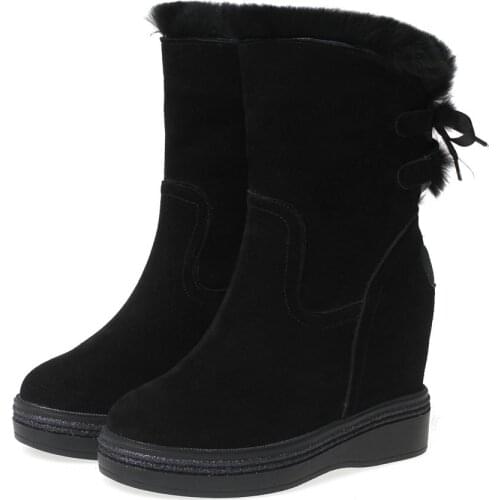 High Top Creepers Women Genuine Leather Hidden Wedges High Heel Ankle Boots Female Winter Warm Round Toe Pumps Shoe Casual Shoes