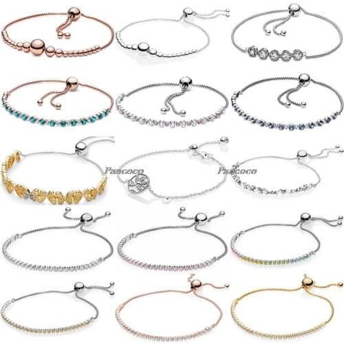 Authentic 925 Sterling Silver Bracelet Turquoise Sparkling Slider Tennis Blue Stones Bracelet For Women Diy Pandora Jewelry