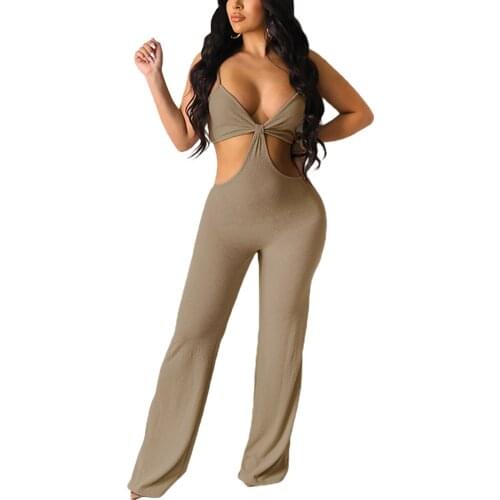 Women Sexy Jumpsuit, Solid Color Deep V-neck Sleeveless Hollow Out Design One-piece, Khaki/ Light Green/ Black/ Pink