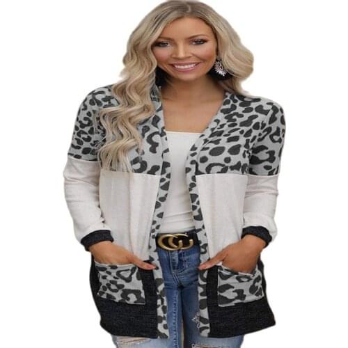 2021 Womens High Quality Hot Sale Autumn And Winter New Leopard Print Stitching Knitted Jacket Cardigan Mid-Length Women